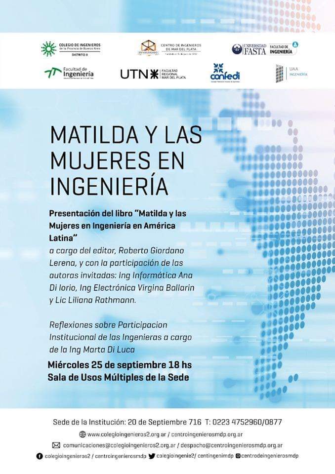 colegioingenie2's tweet photo. ⚠️ #ParaAgendar
Se viene la presentación del #LibroMatilda en Mar del Plata. 
No te pierdas esta charla sobre la situación de las #MujeresIngenierias en América Latina.

📅Miércoles 25 de septiembre  
🕕18 hs
▶️20 de Setiembre 716 https://t.co/pctS0DiXWQ