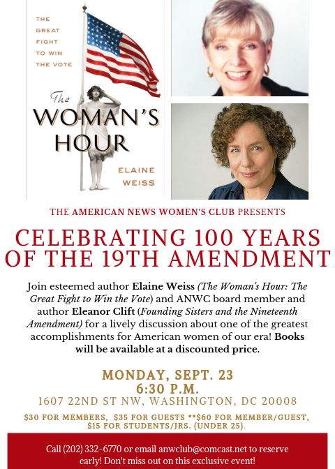 Get ready for our first exclusive program of the 2019-2020 year! Join Elaine Weiss and Eleanor Clift on Sept. 23 at 6:30 p.m. for an exciting presentation and conversation to celebrate the 100th anniversary of the 19th Amendment. You won't want to miss this! #ANWC19thAmend