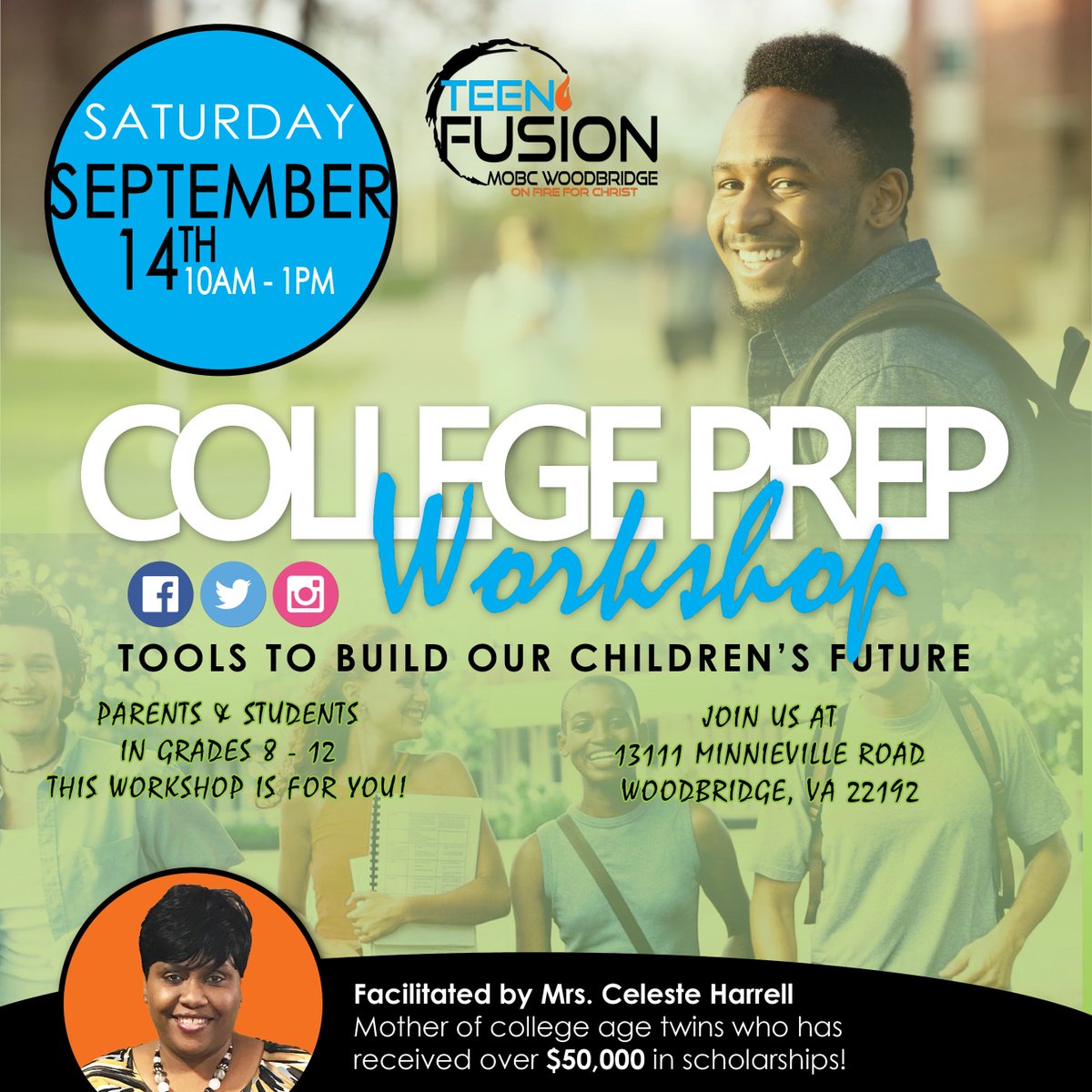 mobcwoodbridge's tweet photo. MOBC Teen Fusion hosting 2nd annual College Prep Workshop Saturday, Sep. 14th at 10AM!  It's FREE!! Register at https://t.co/L80r1cWZ2e #MOBCWoodbridge #College #BuildingTheirFuture https://t.co/kMzQHdZCj7