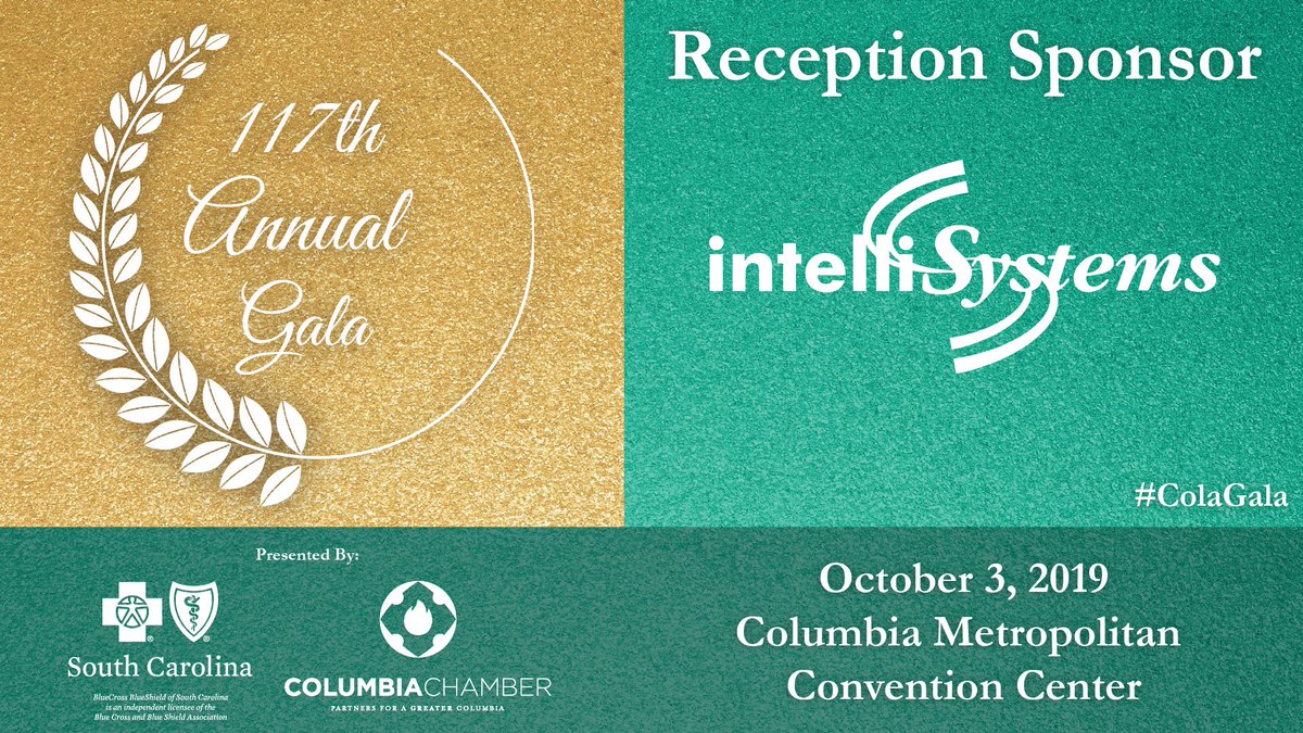ColaChamber's tweet photo. Thank you to @kevwade01 &amp; intelliSystems for being the Reception Sponsor for the 117th Annual Gala, presented by 
@bcbssc! We can't wait to celebrate in just a few short weeks! 🎉🎉🎉
Register Now >>> https://t.co/mY7KlHIjc1
#ColaGala https://t.co/vN6YEIEN9U