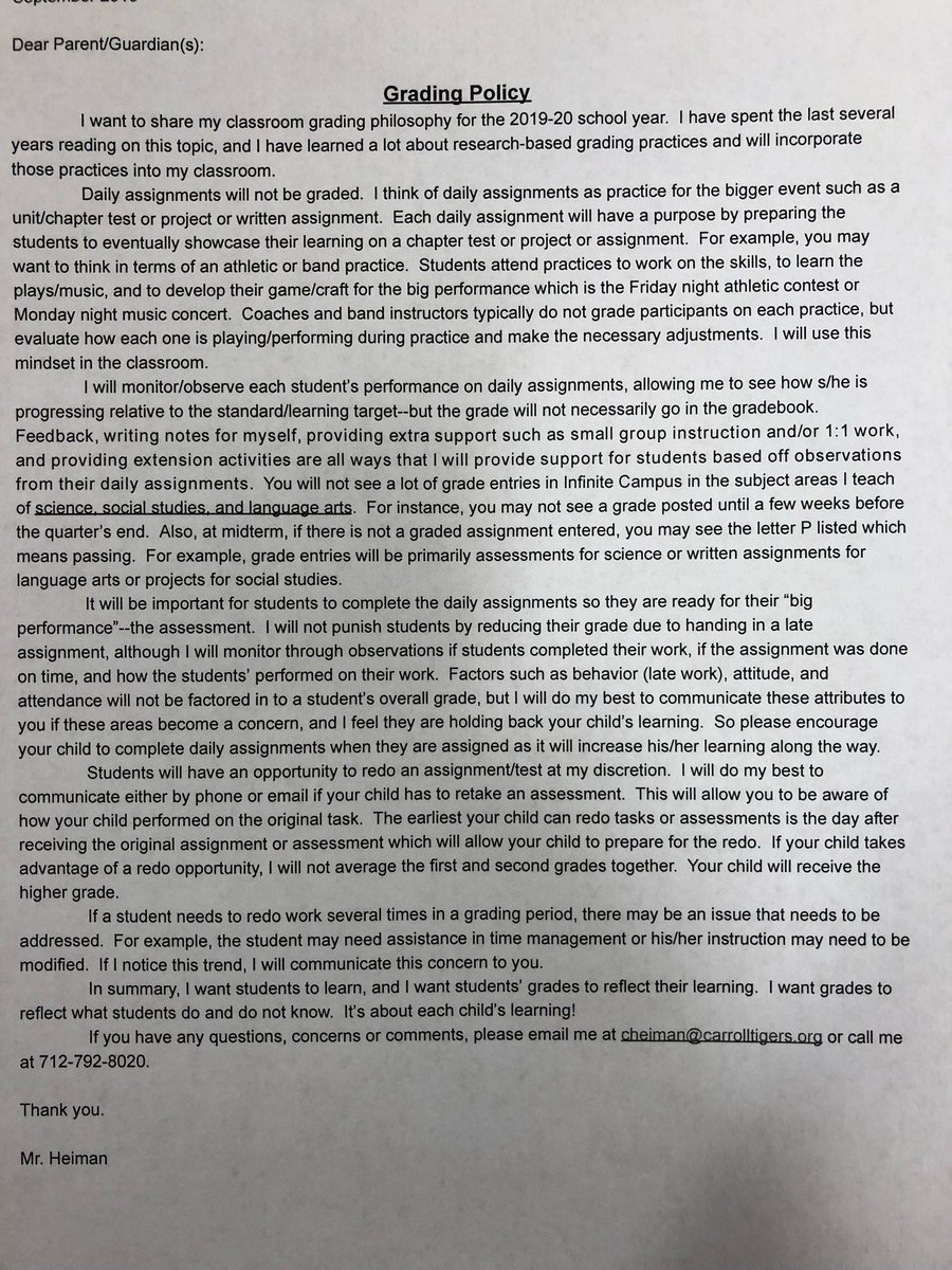 cory_heiman's tweet image. Sending grading policy parent letter. Takeaways:
-Daily assignments not graded.
-Retakes on assessments are allowed.
-Grades reflective of Ss' learning.
-Grades don't consider behavior, attendance, attitude.  @rickwormeli2 @mctownsley @tguskey