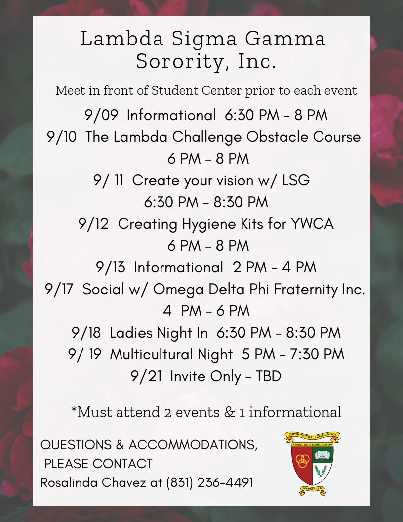 LSGSororityInc's tweet photo. Rush Fall 2019: If you’re studying at CSU Monterey Bay this fall, check out all the amazing events and see what Lambda Sigma Gamma Sorority, Inc. is all about 🌹✨ #ΛΣΓ #IPSE #Since1986 #FallRush2019 https://t.co/5jVOnqz0kA