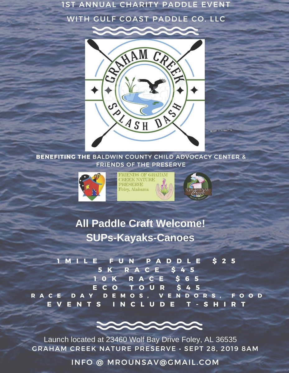1st Annual Charity Paddle Event coming up soon!  Graham Creek Splash Dash - benefiting the kids that we serve and also Graham Creek Nature Preserve! Registration link here - paddleguru.com/races/GrahamCr… Thank you, Gulf Coast Paddle Company and City of Foley's Environmental Department!