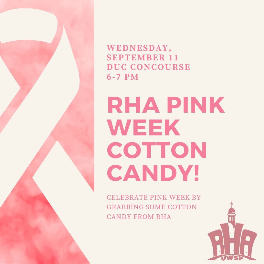 UWSP_RHA's tweet photo. Stop by the DUC Concourse on Wednesday, as we'll be celebrating Pink Week on Wednesday by handing out some cotton candy! https://t.co/mUdVgPgfBZ