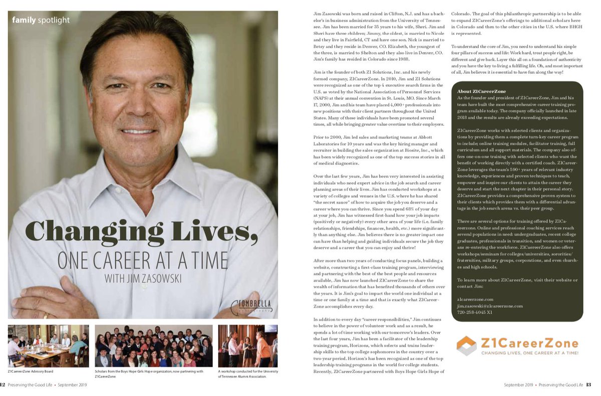 z1careerzone's tweet photo. Thank you, “Preserving the Good Life” social publication for featuring Jim and Z1CareerZone in their September Issue! #socialpublication #septemberfeature #z1careerzone #changinglives #careerconsulting #careertransition #careerhelp #careeradvice #careercoach https://t.co/w8SCKTn8yj