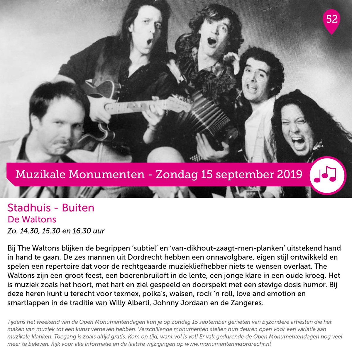 Het Open Monumenten Weekend komt er weer aan. Ook in Dordrecht. Op zondagmiddag 15 september zullen er diverse - bij het thema aansluitende - #gratis optredens plaatsvinden. Ook De Waltons doen mee. #OMD2019 Kijk voor meer informatie op ow.ly/kqKf30lAgf7