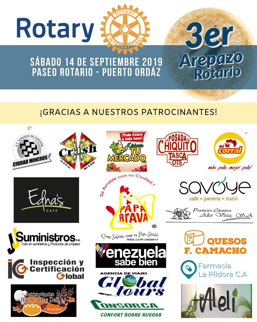 RotaryCachamay's tweet image. Acompañanos éste sábado en el tercer arepazo rotario, todo lo recaudado nos ayudará con nuestras obras sociales.
@RotaryCachamay @rotaractroraima
@INTERACT_CHMY
@rotarycaroni
@rotarypzo1
@Rotarysanfelix
Muchas gracias a los patrocinadores.
@Rotary4370
#rotaryconectaelmundo