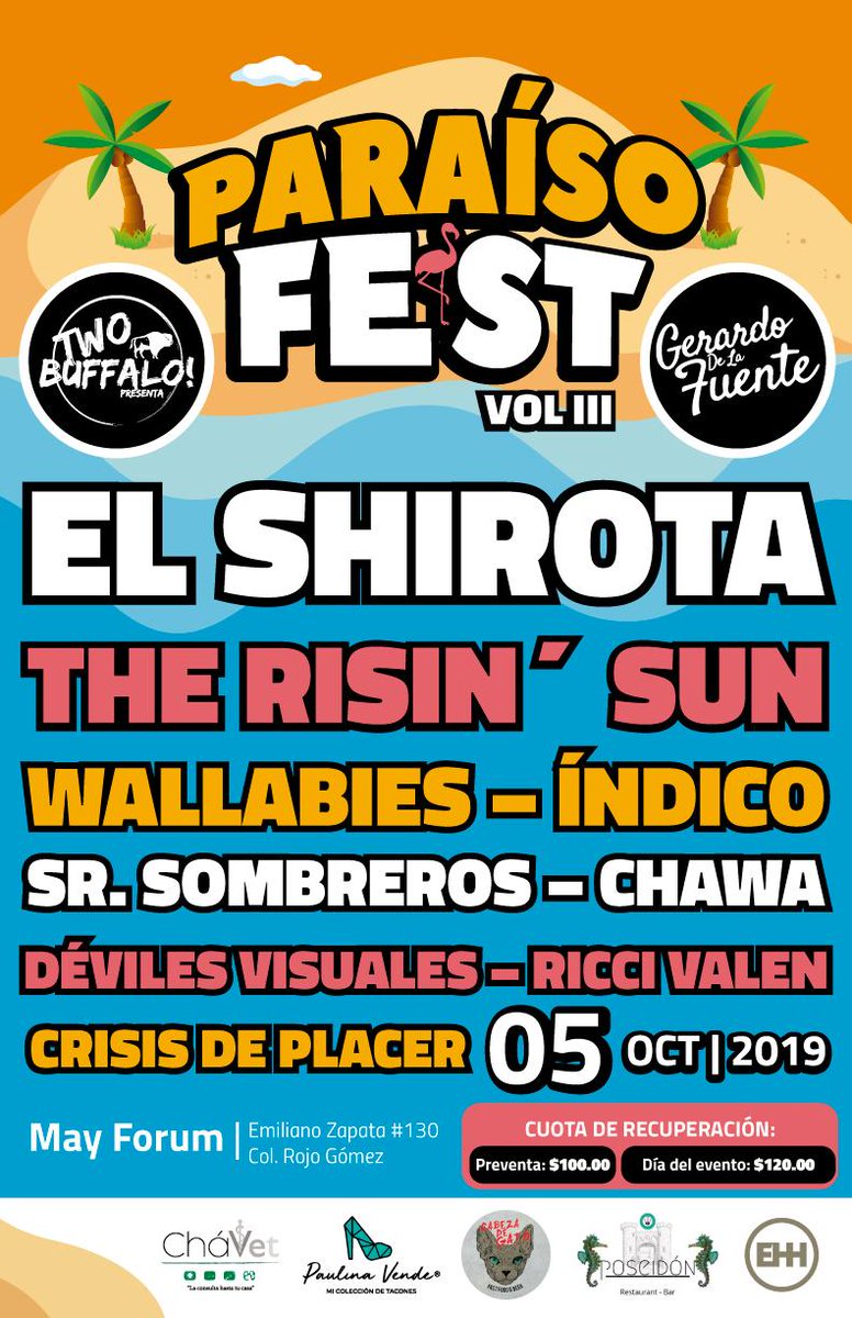 TwoBuffaloo's tweet photo. Line up para este #ParaísoFestVol3 🔥 un cartelazo para esta edición, ¿Se lo piensan perder? 🤘 5 de octubre #Pachuca los vemos por acá!! #SaveTheDate https://t.co/W3gW10sMuZ