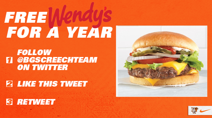 BGScreechTeam's tweet photo. FREE @Wendys for a year!

Follow these steps for your chance to win. 

Winner announced tomorrow at 5PM. https://t.co/B7L1VUgN0p