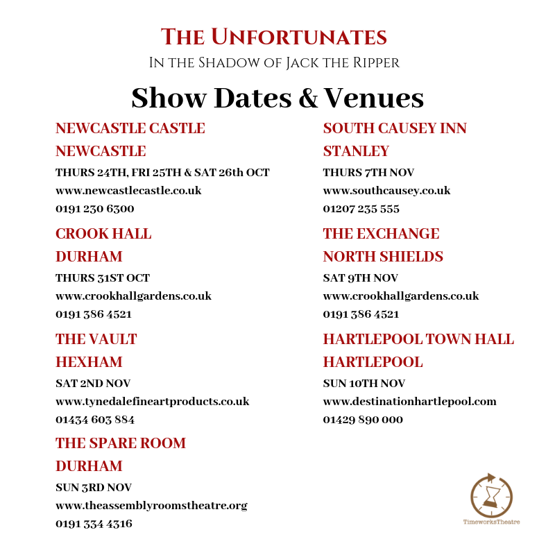 TimeworksNE's tweet image. SHOW DATES &amp;amp; VENUES!!

Interested in seeing The Unfortunates? Check out all the beautiful venues we'll be performing in this October - November. 🌹 

timeworkstheatre.co.uk/productions

#Newcastle #Durham #Hartlepool #Stanley #Hexham #NorthShields #JackTheRipper #TheUnfortunates #Theatre