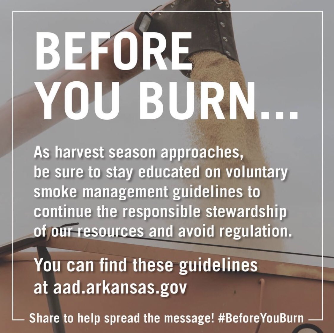 RiceArkansas's tweet photo. Itβs that time of year again...As harvest season approaches, stay educated on voluntary smoke management guidelines to continue the responsible stewardship of our resources and avoid regulation. Find guidelines at: https://t.co/VWB59HNslB #BeforeYouBurn πΎ https://t.co/6MHxbAeTXs