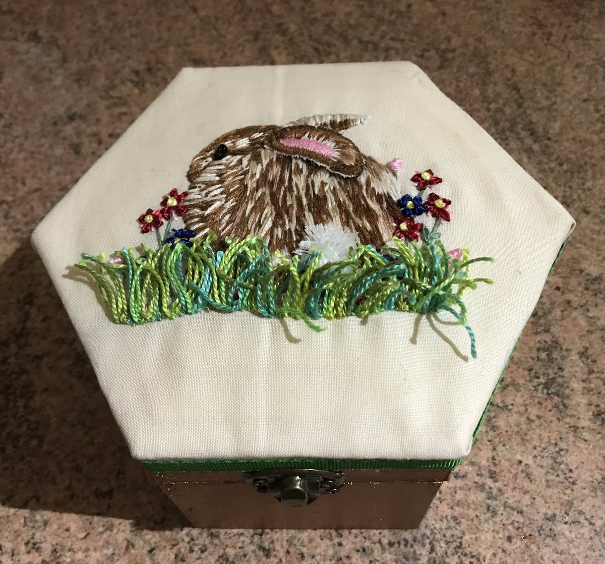 CreationsHolly's tweet photo. Been trying something new. Stumpwork embroidery boxs. Pleased with the results #stumpwork #boxes #insects #flowers #rabbits #embroidery #madeinnorfolk https://t.co/8DPUQ1umiH
