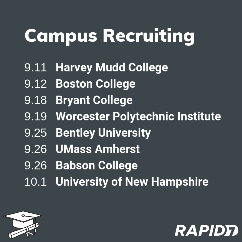 rapid7's tweet photo. Coming soon to a college campus near you...⁣
⁣
Our campus recruiting team is going on tour this fall, visiting campuses across the country. Next stop: Harvey Mudd College! https://t.co/wr1cA896tn