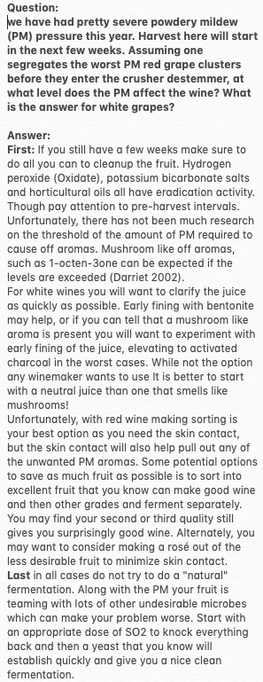 EnoQuestions's tweet photo. A great #Monday question on #winemaking with powdery mildew fruit

#Enoquestions #Enology https://t.co/sHcDQhKfUH