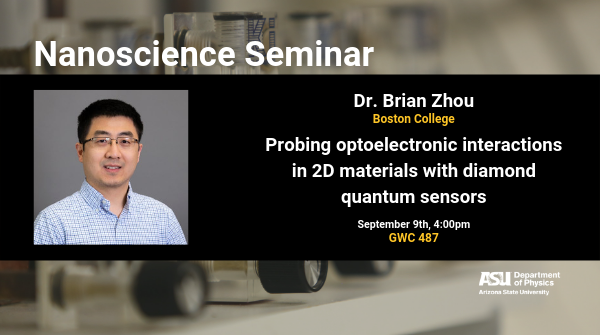 ASUPhysics's tweet photo. Using diamond quantum sensors provides new capabilities in measuring photocurrents in 2D materials. Today, Dr. Brian Zhou of @BostonCollege will share how his discovery can give us a greater understanding of optoelectronic devices.
#ASUPhysics #NanoSeminar https://t.co/pVZ51qgRR0