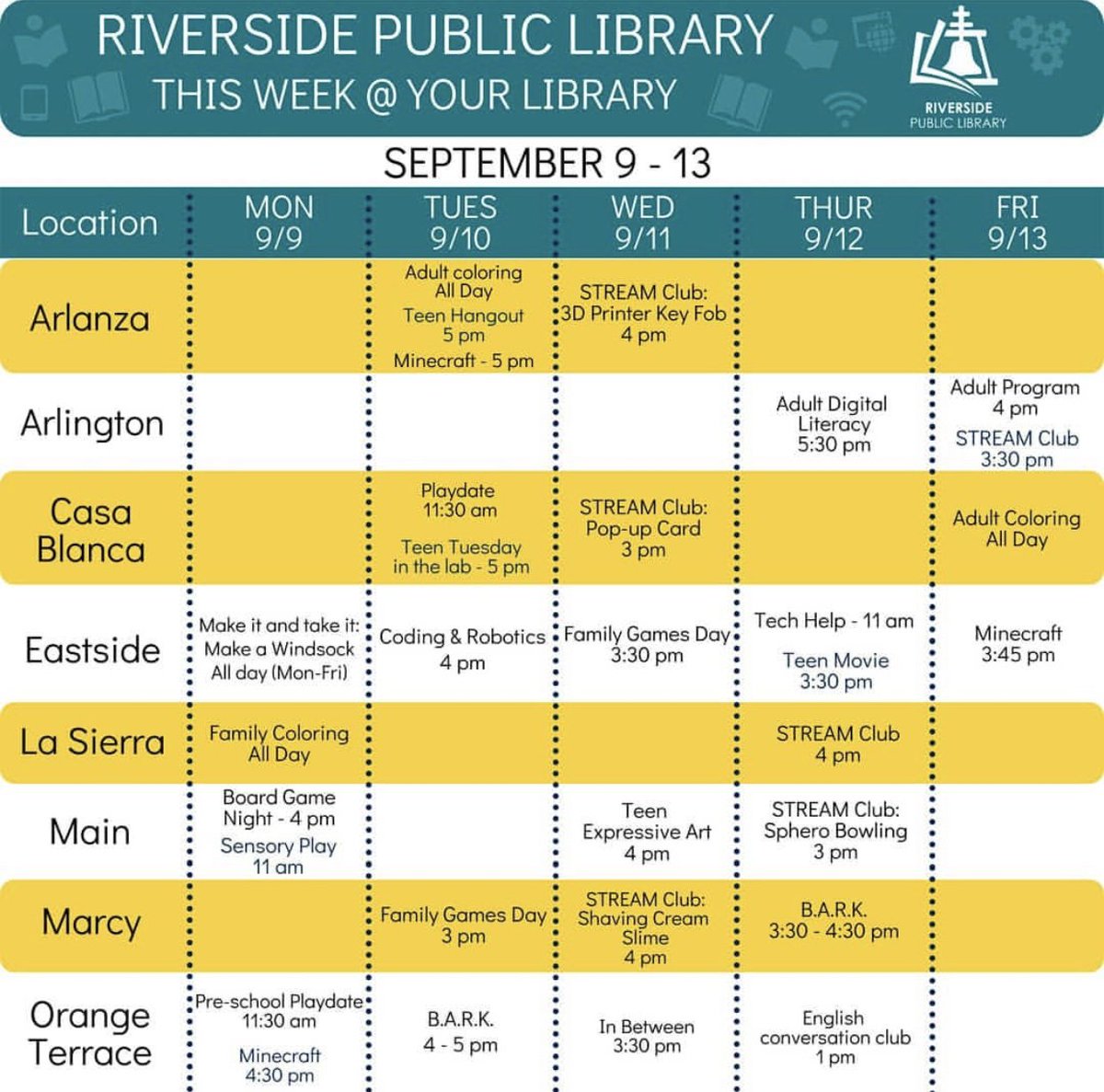 DiscoverRivCa's tweet photo. Check out what’s happening this week at your library! #ExploreRiversideTogether #RiversideProud #RivLibrary https://t.co/eGfV5cxpn1
