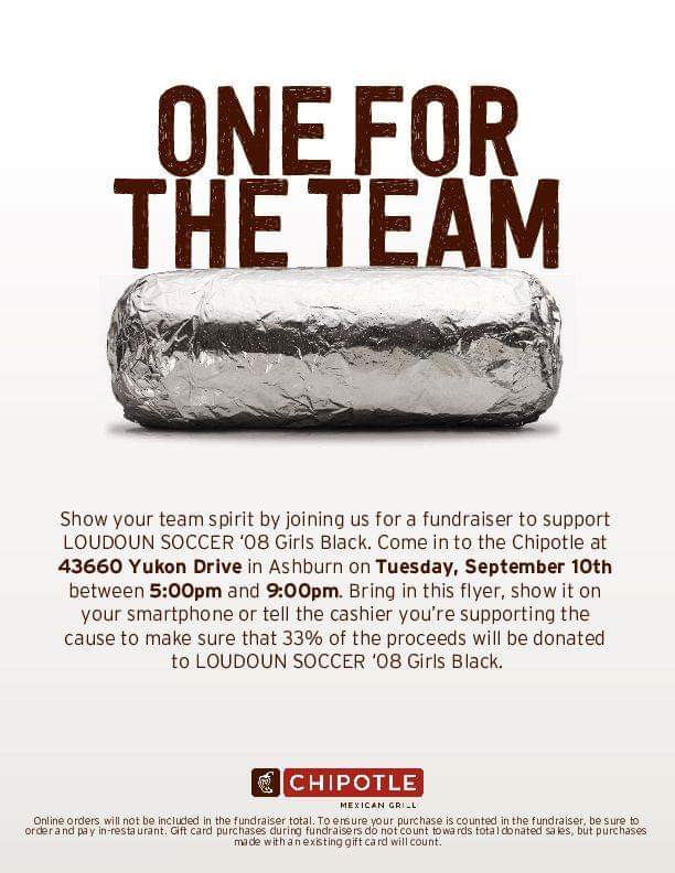 pnuth's tweet photo. Come on out to Chipotle in Ashburn on Yukon Dr (near Home Depot) for Taco Tuesday on September 10.  Mention Loudoun Soccer and a portion of the sales will help the Loudoun Soccer 08G Black soccer team.

@loudounsc #repthered https://t.co/dt7Z5r077K