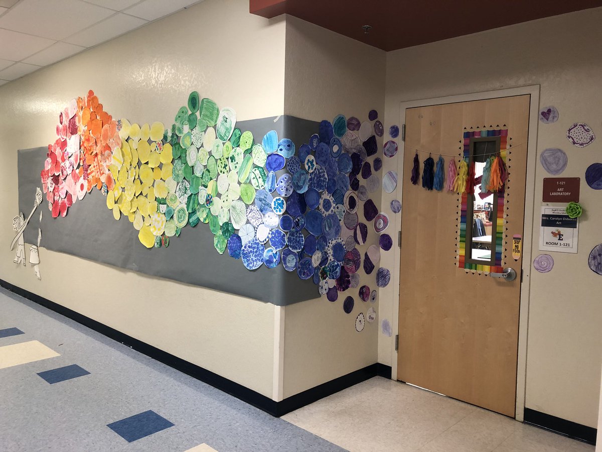 Our “Dot” installation is almost finished! The artists loved trying to find their dots as they walked past today! #thedot #elementaryart #collaborativeart @Edrick_Rhodes @Eisenhower_EE