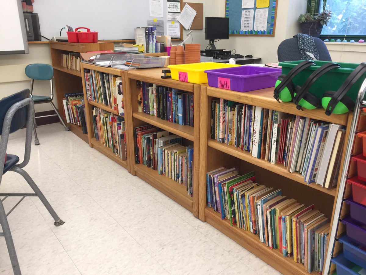 Ms_ReganHall's tweet photo. I moved downstairs from 7th grade to the 5th grade, still Special Education. My family helped me move my belongings on Saturday. Here are the books I let students borrow; my Teen sorted and organized them for me. #ClassroomLibrary #GradeShift https://t.co/I2w3W5gieO