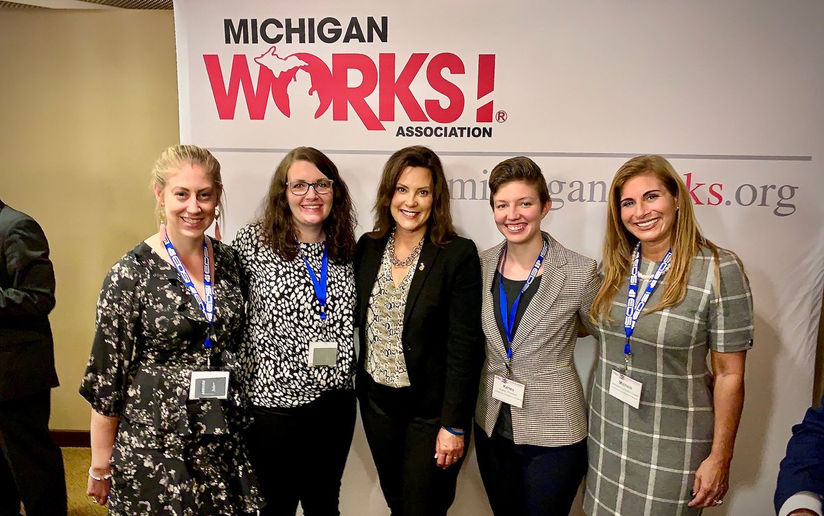 WINSEMICH's tweet photo. The 2019 @MichWorksAssn Annual Conference continues today with special speaker @GovWhitmer addressing Michigan's largest workforce conference. Members of the WIN team shared in a candid moment following her presentation. #MWConf #MWORKS https://t.co/NLI6VGPOzT