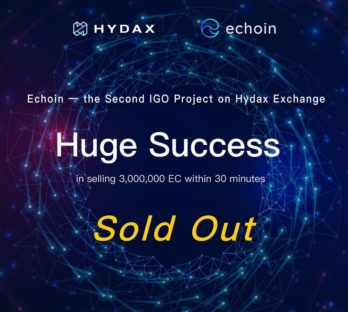 HydaxE's tweet photo. 🎉The 2nd #HydaxIGO project #Echoin achieved huge success in selling 3 million $EC within 30 mins! #Echoin achieved huge success in selling 543,000,000 $EGT within the 30-minute token sale period, which is far beyond expectations. #blockchain @Lgame_io @Egretia_io #Crypto https://t.co/GzG3uPiy15