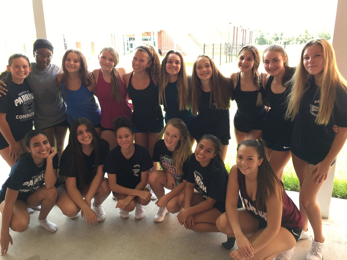 PCHSBullsCheer's tweet photo. We took it to the field today to run through our game day routines. If you haven’t heard, our first PCHS football game is this Thursday! These girls have been working hard and it was HOT 🥵 out there so they deserved a team bonding break! #cheerleaderchallenge #captainvscaptain https://t.co/8o1dpH4ff7