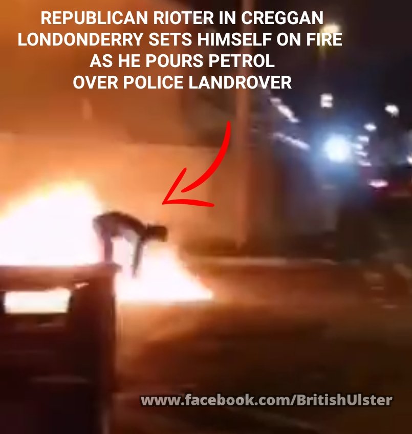 ProudProtestant's tweet photo. REPUBLICAN RIOTER IN CREGGAN
LONDONDERRY SETS HIMSELF ON FIRE 
AS HE POURS PETROL
OVER POLICE LANDROVER https://t.co/3wJFiINFUG