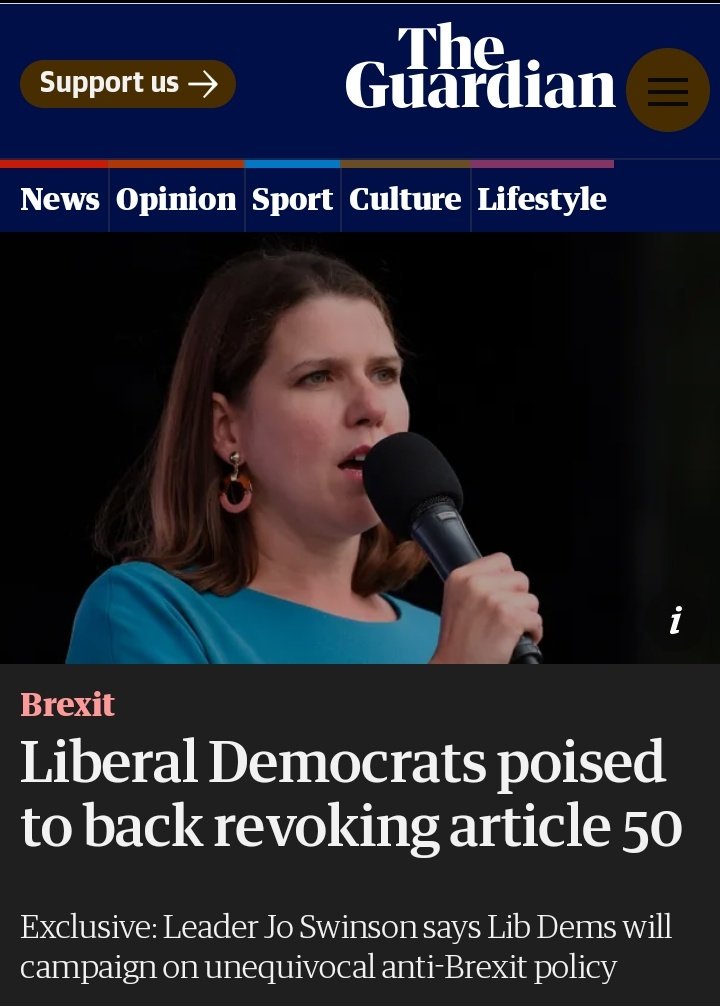 GoodwinMJ's tweet photo. Bold move. Lib Dems propose not even campaigning for a 2nd referendum but canceling #Brexit altogether. Makes sense as a core vote strategy - they are only a few points behind Labour among Remainers. But how will it sit with moderates who value the British sense of fair play? https://t.co/LdYzCjtdxa