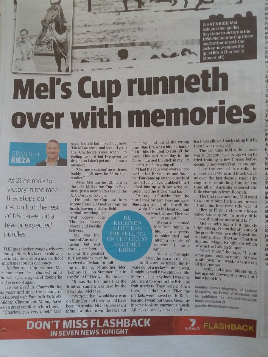 rayseewriter's tweet photo. A great story on former top jockey Mel Schumacher by @Kieza_cmail from Brisbane's Sunday Mail.
#TheShoe is about to turn 82.
#HorseRacing #LegPull #MelbourneCup https://t.co/6bGZhbtzfO
