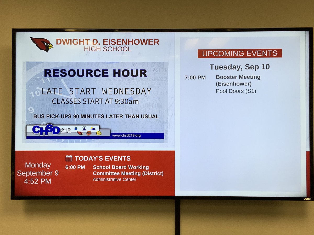 biology's tweet photo. New digital signage coming soon to all #CHSD218 schools! Here’s a sneak peek of the Eisenhower High School signage. Thanks to the @trms team for their guidance! #DDExcellence #218Tech https://t.co/nSa3gBE9wk