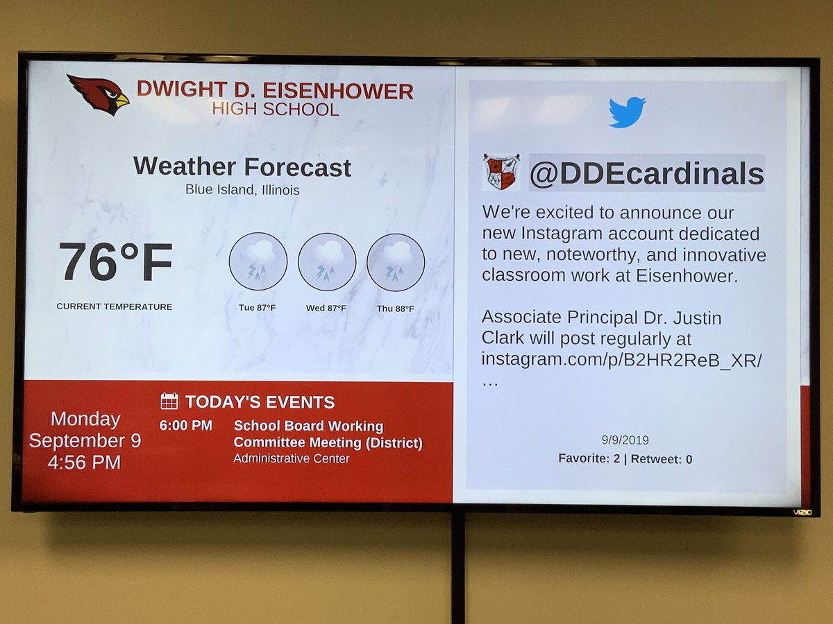biology's tweet photo. New digital signage coming soon to all #CHSD218 schools! Here’s a sneak peek of the Eisenhower High School signage. Thanks to the @trms team for their guidance! #DDExcellence #218Tech https://t.co/nSa3gBE9wk