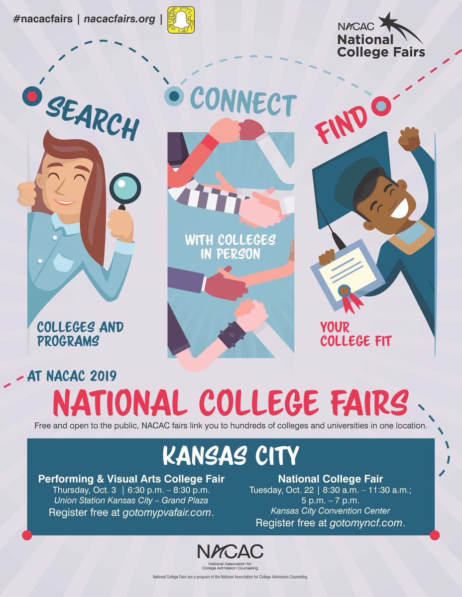 collegefairkc's tweet photo. We hope your students will join us at the @NACACFairs College Fair this October! @LSR7 @GV_Schools @BSSDnews @kcpublicschools @CenterSD @ISDSchools @SmithvilleSD @KearneyHigh @LIBERTYSCHOOLS @ParkHillSchools @NKCSchools @WestPlatteSD @PlatteCountyR3 @LawsonHigh @kckschools https://t.co/LJhIO3yj3D