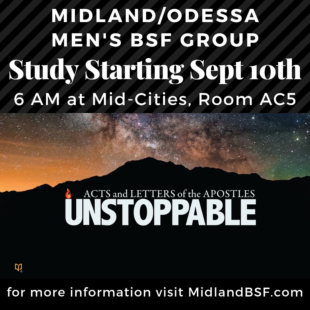 MidlandBSF's tweet photo. Come join us tomorrow, September 10th starting at 6 am at Mid-Cities Community Church. Tomorrow will be our kick off where you will receive information on how the group will work and what the expectations are. Invite a friend or two to come join us! https://t.co/Pct05vtqLr