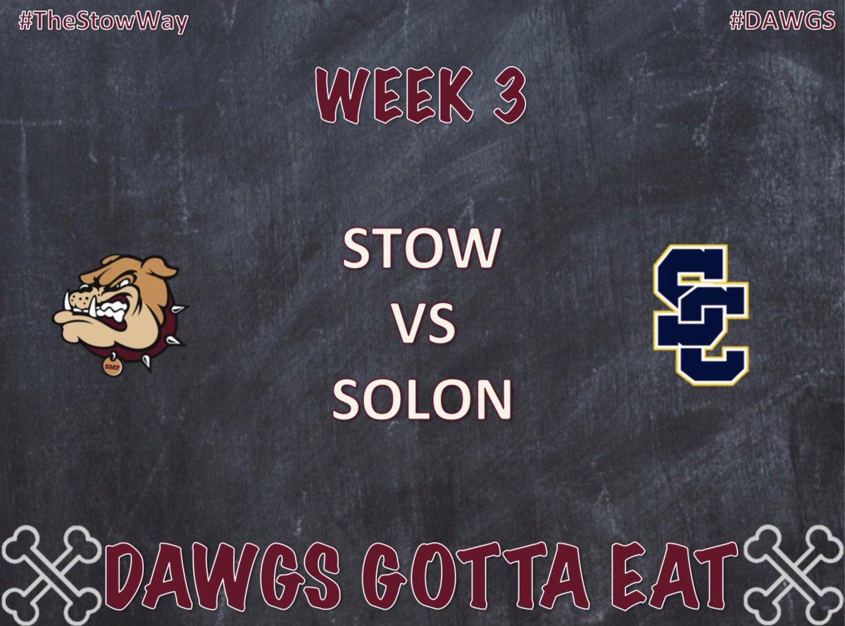 stowfootball's tweet photo. TIME TO EAT.

Week 3 is here!

🏈 Stow vs Solon
📅 September 13th
⏰ 7PM
📍 Bulldog Stadium

#DAWGS
🐾🐾🐾🐾🐾
#TheStowWay https://t.co/38jfnxywwH