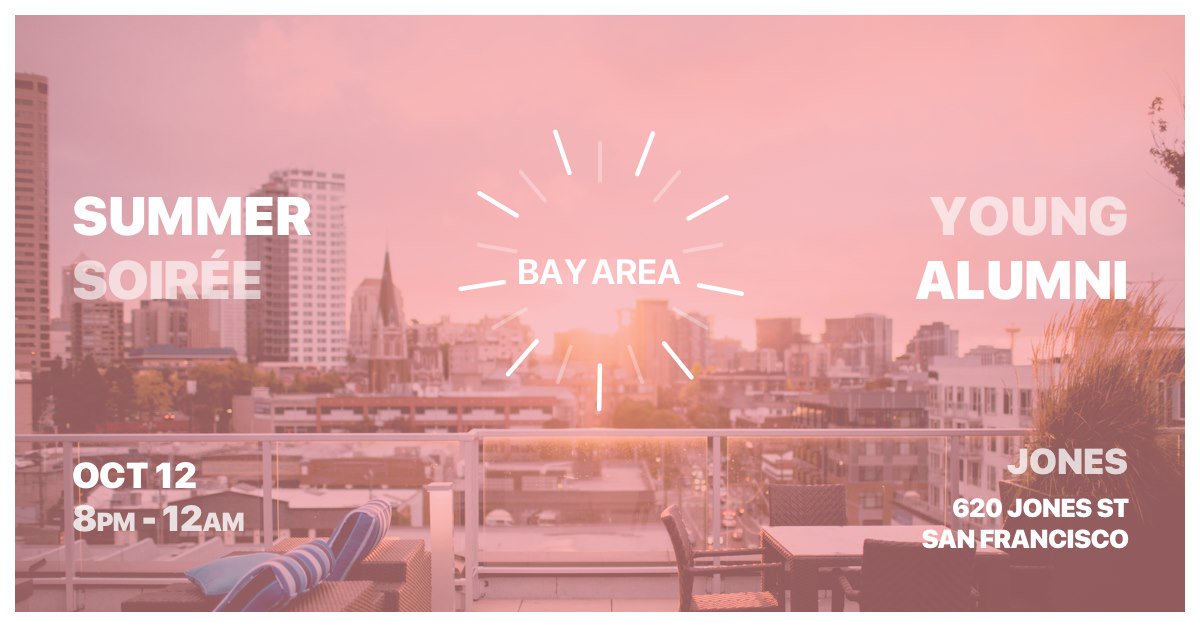 It’s almost fall and that means it’s basically summer ☀️ in SF! Join us for our Young Alumni | SF Summer Soirée. Early bird 🎟 ends Sept 11 with multiple 🥃🍸🍷🍺 options available (cocktails &amp; mocktails)! Tickets more info on EventBrite (sfsummersoiree.eventbrite.com).