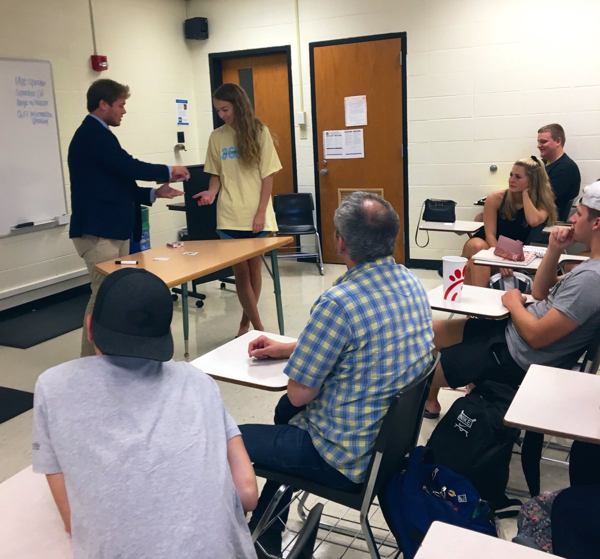 EmilyAnnePride's tweet photo. View from today’s class - learning magic tricks from our in-class magician, @masoneal1! This is a perfect example of extemporaneous speaking. #SpeakingWithPride https://t.co/Wkw18jaf0C