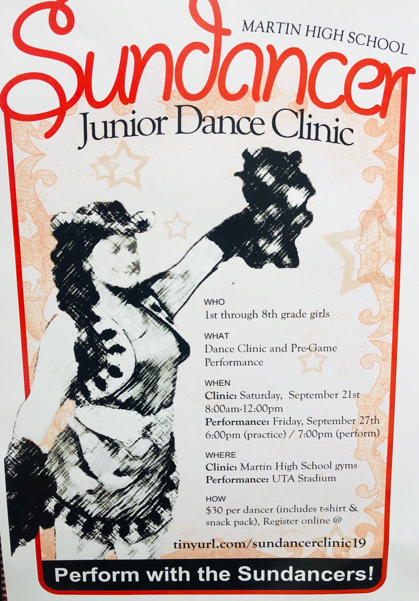 MHSSundancers's tweet photo. CALLING ALL YOUNG DANCERS 1st-8th grade! If you like to jump, leap, turn and get groovy then join the Martin High School Sundancers at there Jr. Clinic on Saturday, September 21st! Register at https://t.co/YrmuOs29qj https://t.co/vcj2ic2MHa