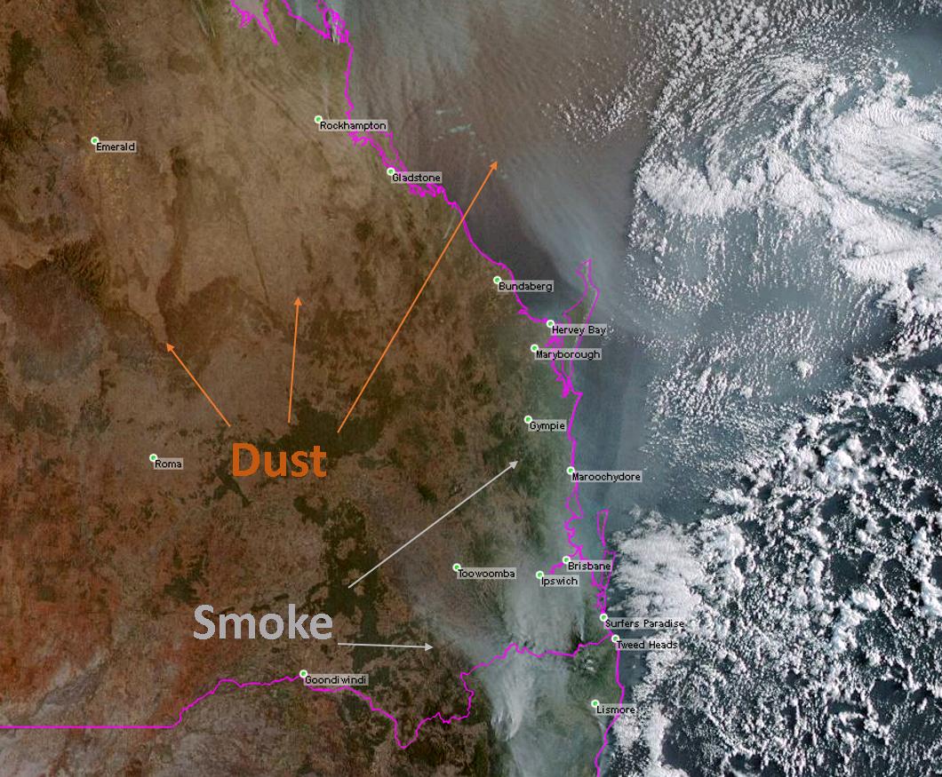 Smoke and dust continue to plague Southern and Central QLD. Fire dangers finally drop to 'high' for tomorrow and Thursday, before rising temps increase the danger to very high on Friday/Saturday. Stay up to date with @QldFES for fire and <a href="/qldhealthnews/">Queensland Health</a> for health information.