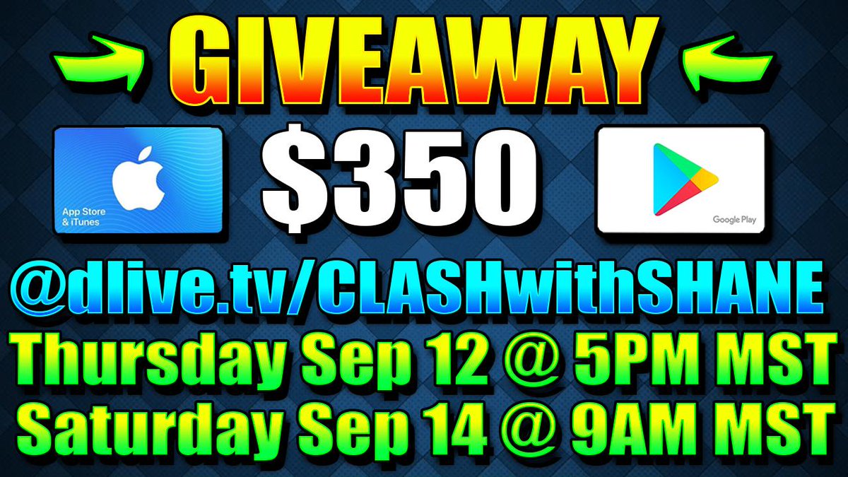 CLASHwith_SHANE's tweet photo. ⭐️HUGE GIVEAWAY!!⭐️

Giving away $350 in gift cards (iTunes &amp; Google Play) later this week over at dlive!

▶️Follow me now at https://t.co/9DXDmNpUWt if you don't want to miss out!!

▶️Re-tweet this tweet to enter a $20 paypal giveaway! (winner announced on Saturday) https://t.co/l8vIZn02Qs