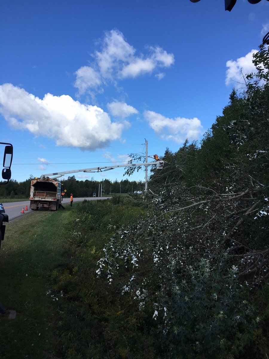 MECLPEI's tweet photo. Dorian's impact has resulted in hundreds of trees down Island-wide. Crews made progress today and will continue working tonight restoring power. Currently there are approx. 18,000 customers without power across PEI. Our Contact Centre remains open. To reach us call 1-800-670-1012 https://t.co/NoJkhhTOLH