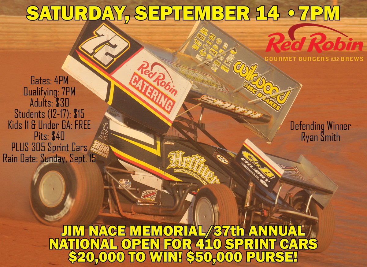 RaceSelinsgrove's tweet photo. THIS SATURDAY @7PM! $20,000 will go to the winner of the Jim Nace Memorial/37th Annual National Open for 410 sprint cars presented by @RedRobinRacing! Plus 305 sprint cars! Gates open 4PM! #WideOpen2019! https://t.co/ladHyHeYOb