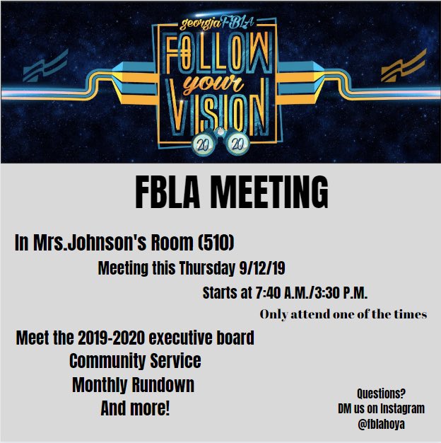 FblaHarrison's tweet photo. Time to get started! 1st FBLA meeting THIS Thursday at 7:40 A.M. We can’t wait to meet everyone! #followyourvision #hoyafbla https://t.co/Z05ULOBpmU