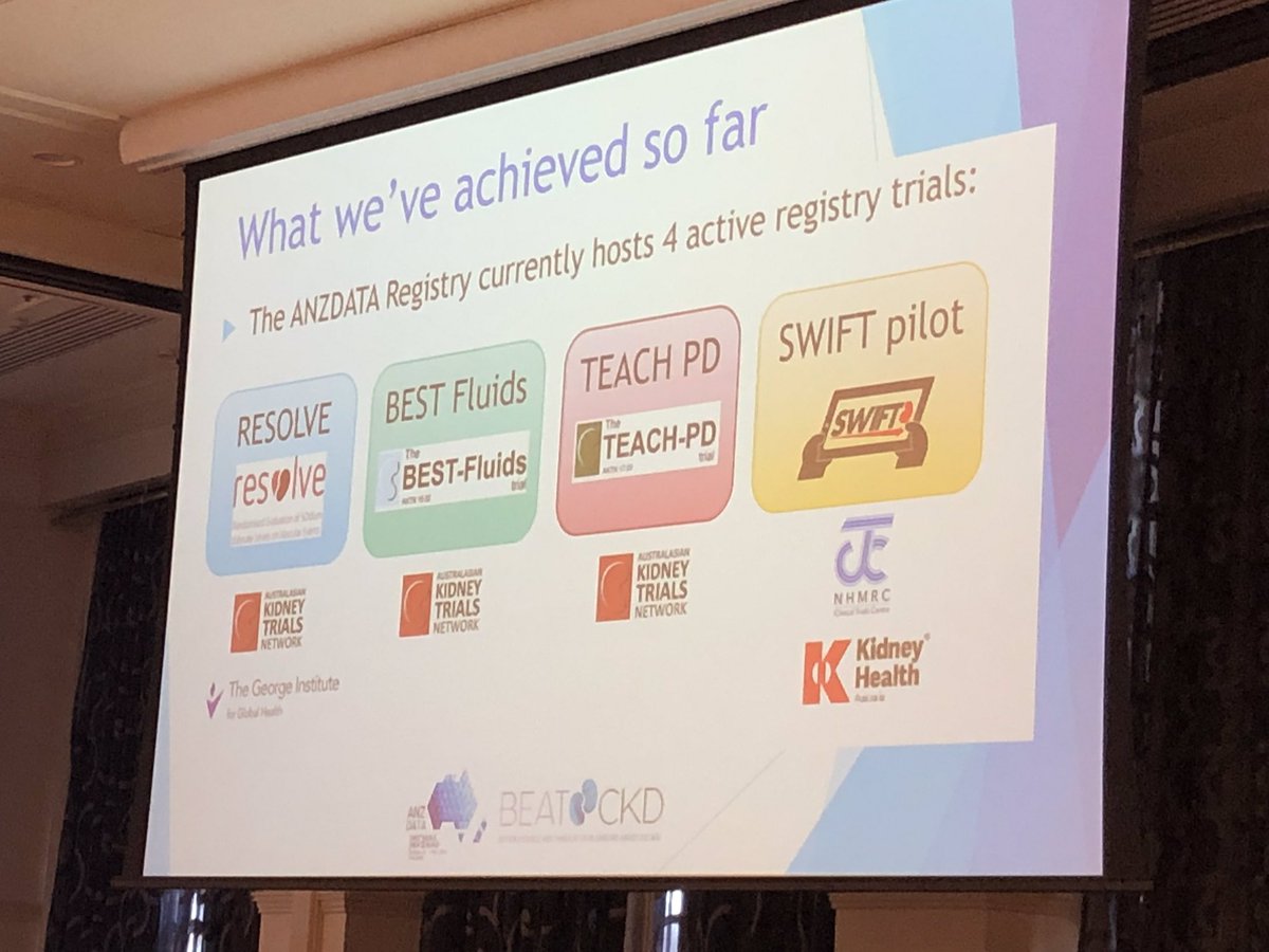 NephMcDonald's tweet photo. Kathryn from @ANZDATARegistry presenting on #registrybasedtrials at #dnt2019- collaboration with @Kidney_Trials @TrialsCentre @KidneyHealth supported by @BEAT_CKD https://t.co/yMoaHqN8or