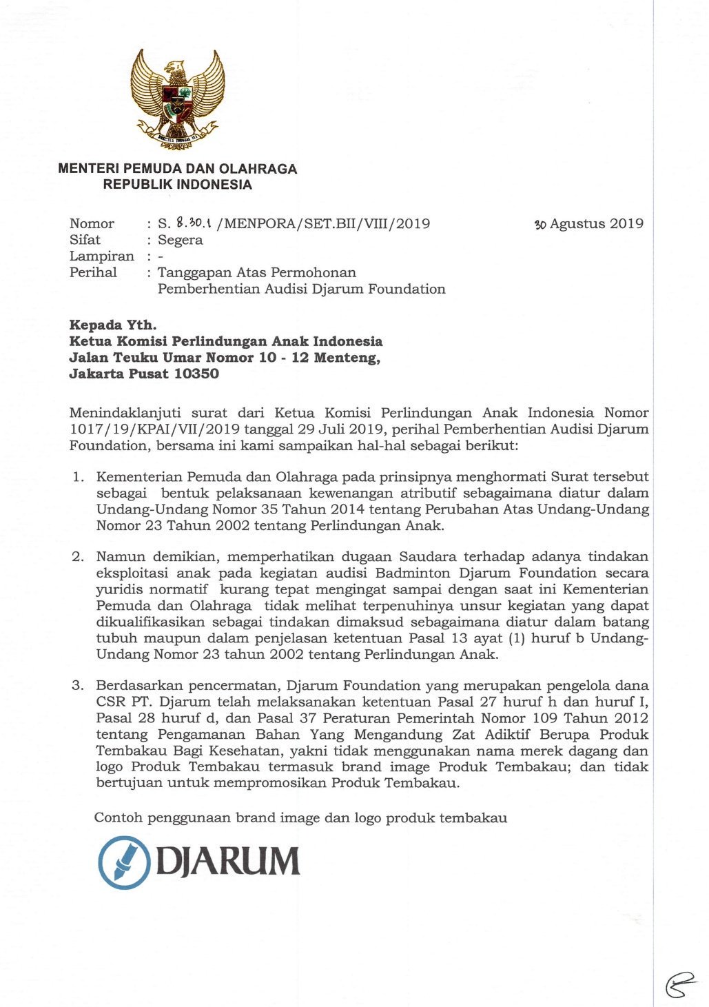 We Rha On Twitter Surat Balasan Menpora Ke Kpai