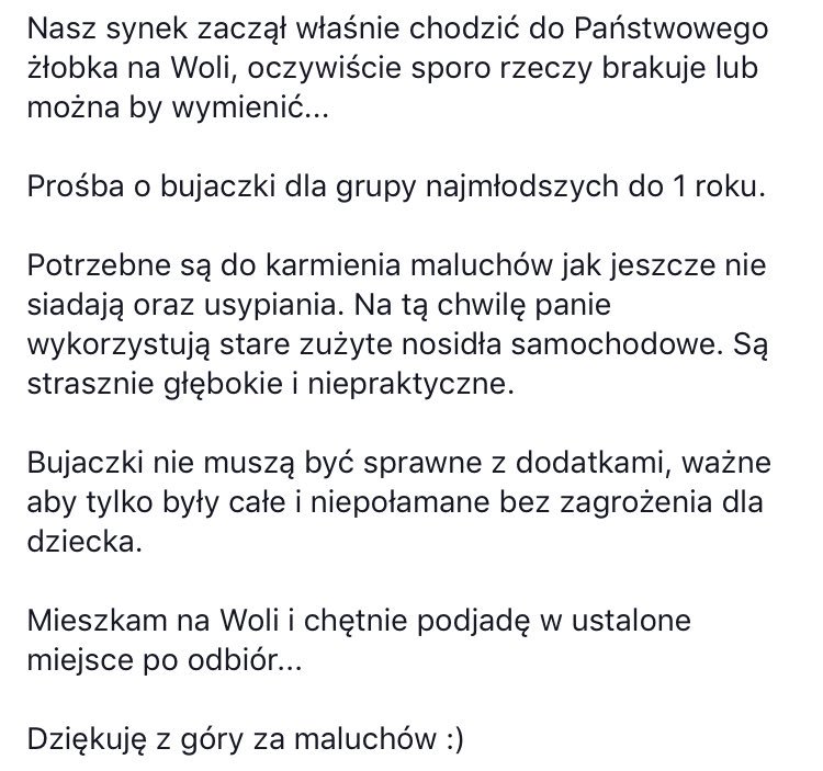 agatanosal's tweet photo. @trzaskowski_ darmowe miejsce w żłobku to nie wszystko. na facebooku post taty poszukującego leżaczków do żłobka obudził dyskusję o braku przygotowania państwowych placówek na najmłodszych mieszkańców Warszawy. https://t.co/Gk3ihyuhVB