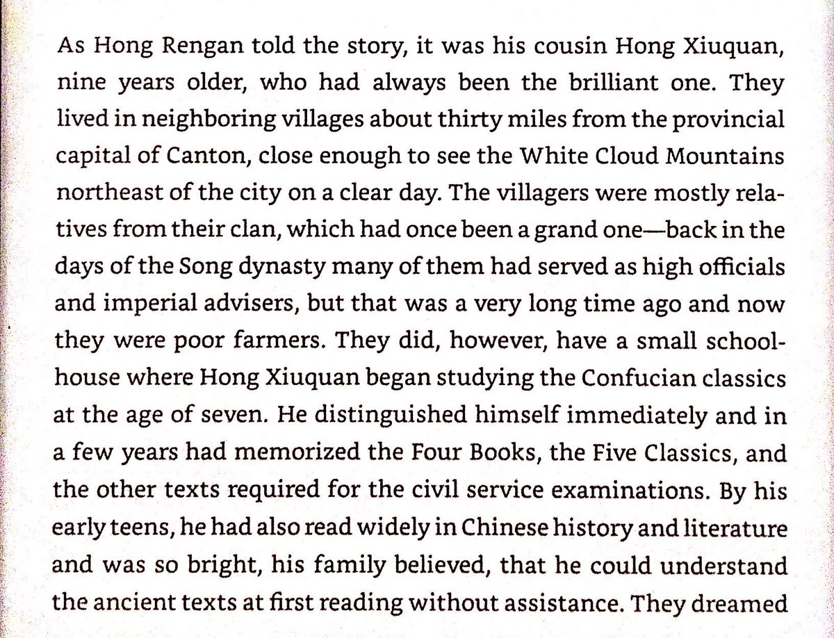 Hong Xiuquan was from a Hakka family. He was a clever & industrious man whose family worked hard for so he could become a well paid bureaucrat. He failed the civil service exam 3 times, then had a breakdown and saw visions. After this, he seemed a different, improved man.