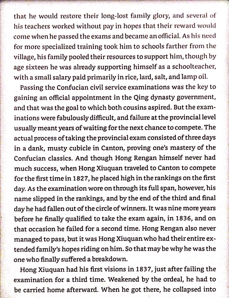 Hong Xiuquan was from a Hakka family. He was a clever & industrious man whose family worked hard for so he could become a well paid bureaucrat. He failed the civil service exam 3 times, then had a breakdown and saw visions. After this, he seemed a different, improved man.