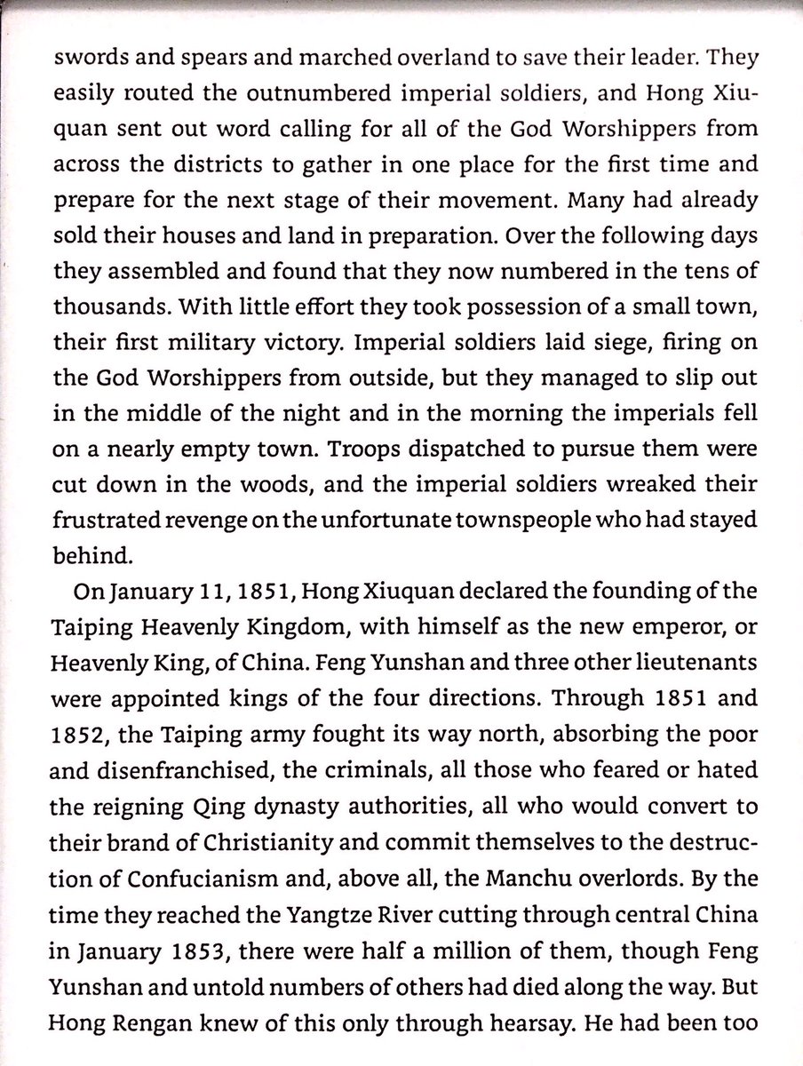 6 years later he studied Christianity and claimed it meshed with his visions. He mixed this with iconoclasm & anti-Manchu agitation. He rallied the Hakka behind him while they were attacked by natives. Now with an army, he declared himself the new emperor.
