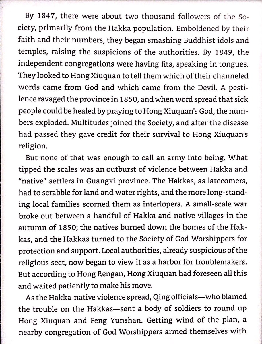 6 years later he studied Christianity and claimed it meshed with his visions. He mixed this with iconoclasm & anti-Manchu agitation. He rallied the Hakka behind him while they were attacked by natives. Now with an army, he declared himself the new emperor.