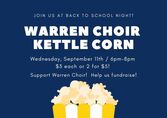 warrenhighchoir's tweet photo. THIS WEDNESDAY, SEPTEMBER 11TH join us at Warren High School’s Back to School Night! ✏️🎶 Support Warren Choir and grab yourself a bag of DELICIOUS kettle corn for $3 or 2 for $5! 🍿🐻💙 Help us fundraise! ✨ https://t.co/wWCtIpNs4e
